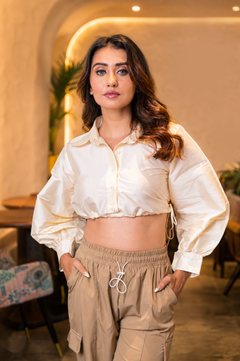 HALO Shirt cropped top with balloon sleeves, front view - Roo Roo